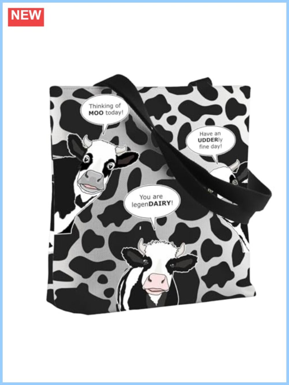 Cow Print Canvas Tote Bag with Zipper Pockets, Large Capacity, Women's Handbag